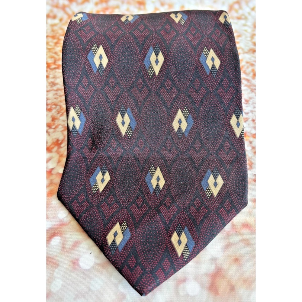 Vintage Silk Tie.  RUFFINI, ITALY,‎ Unique Design, Burgundy with blue and yellow